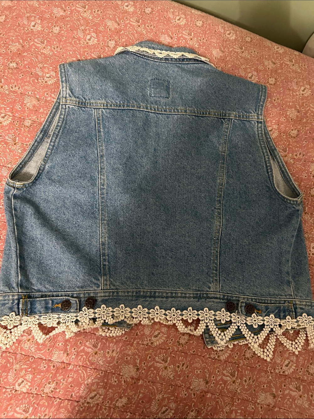 Denim Vest with White Crochet Lace Trim - Picture 2 of 2